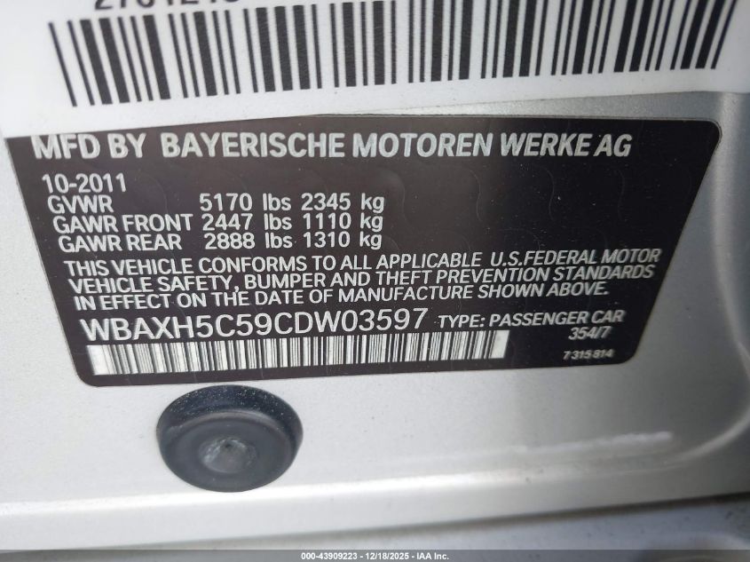 2012 BMW 528I xDrive VIN: WBAXH5C59CD035987 Lot: 43909223