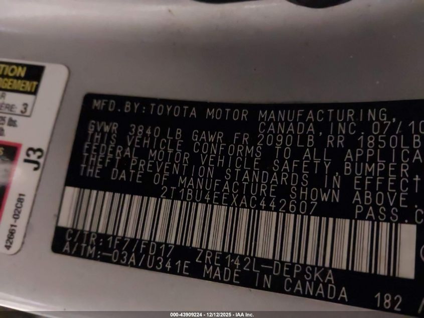 2010 Toyota Corolla S VIN: 2T1BU4EEXAC442607 Lot: 43909224