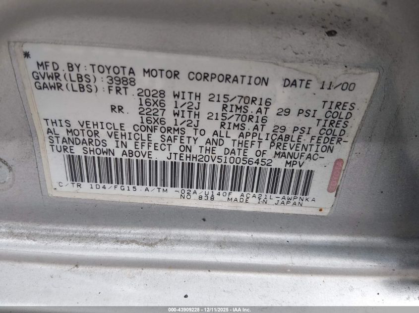 2001 Toyota Rav4 VIN: JTEHH20V510056452 Lot: 43909228