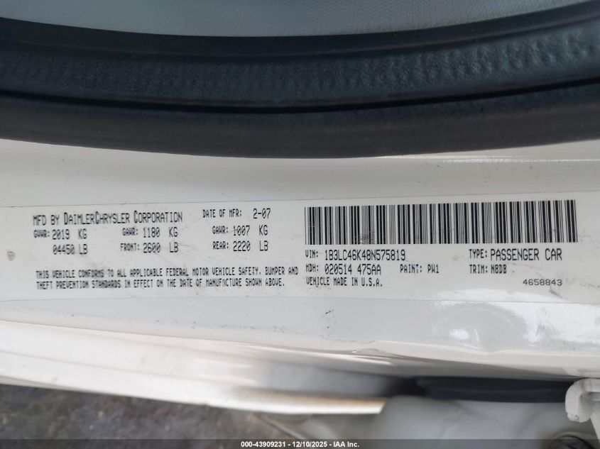 2008 Dodge Avenger Se VIN: 1B3LC46K48N575819 Lot: 43909231