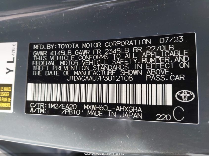2023 Toyota Prius Xle VIN: JTDACAAU7P3012108 Lot: 43909234