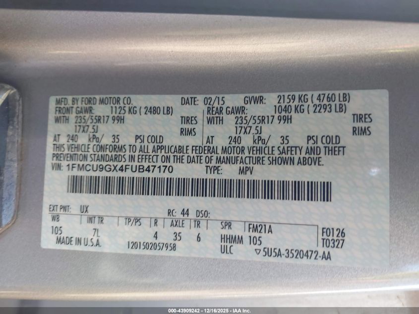 2015 Ford Escape Se VIN: 1FMCU9GX4FUB47170 Lot: 43909242