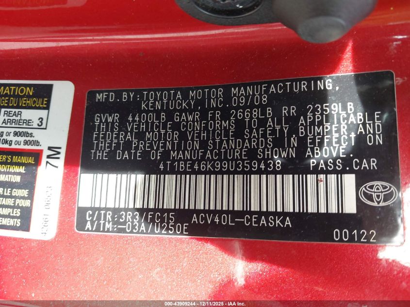 2009 Toyota Camry Se VIN: 4T1BE46K99U359438 Lot: 43909244