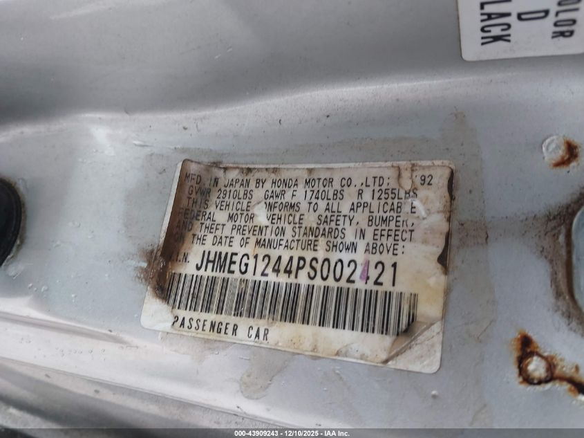 1993 Honda Civic Del Sol S VIN: JHMEG1244PS002421 Lot: 43909243