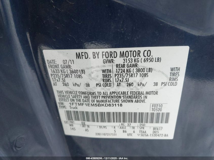 2011 Ford F-150 Xl VIN: 1FTMF1EM5BKD83118 Lot: 43909256
