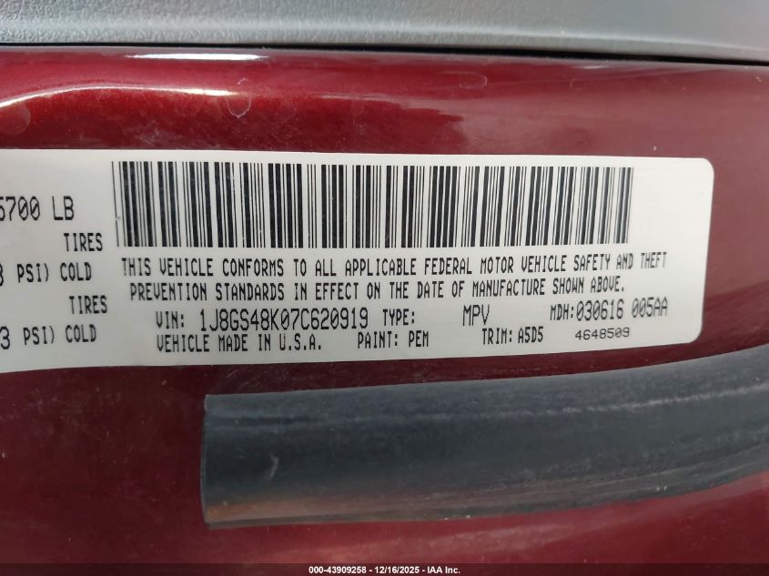2007 Jeep Grand Cherokee Laredo VIN: 1J8GS48K07C620919 Lot: 43909258