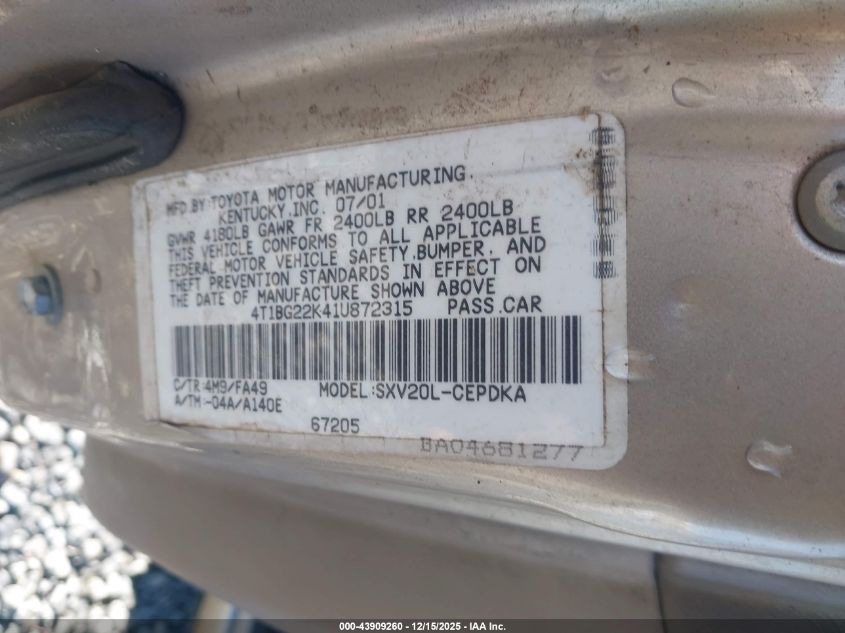 2001 Toyota Camry Ce VIN: 4T1BG22K41U872315 Lot: 43909260