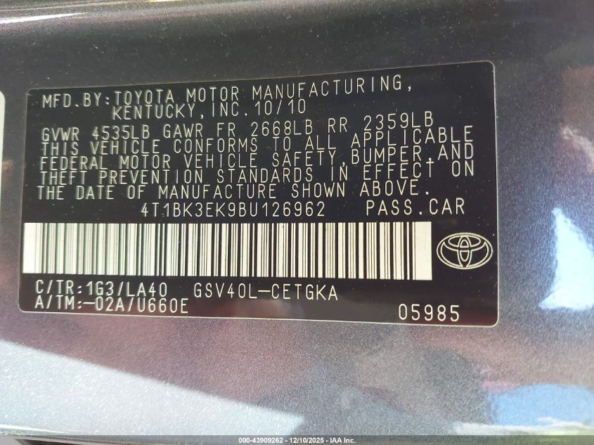 2011 Toyota Camry Xle V6 VIN: 4T1BK3EK9BU126962 Lot: 43909262