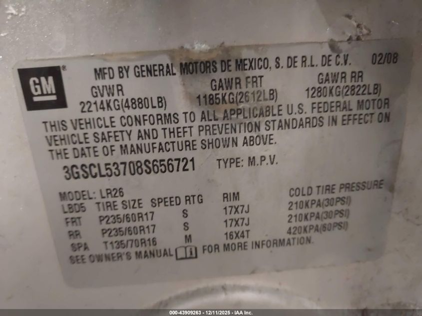 2008 Saturn Vue V6 Xr VIN: 3GSCL53708S656721 Lot: 43909263