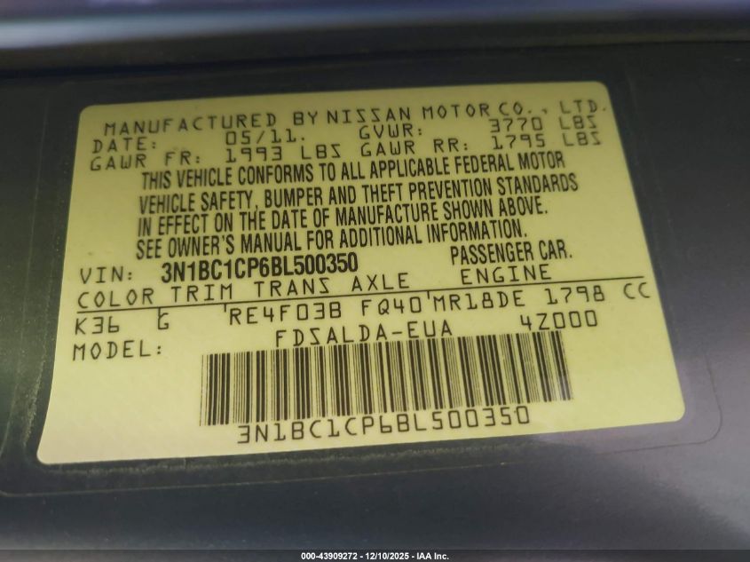 2011 Nissan Versa 1.8S VIN: 3N1BC1CP6BL500350 Lot: 43909272