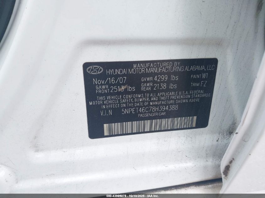 2008 Hyundai Sonata Gls VIN: 5NPET46C78H394388 Lot: 43909275