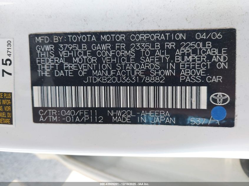 2006 Toyota Prius VIN: JTDKB20U363178882 Lot: 43909281