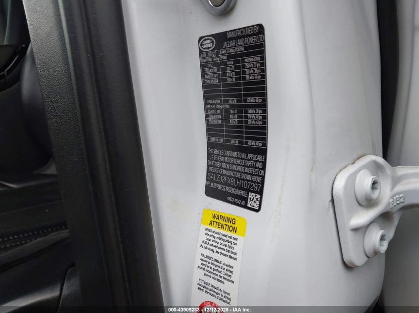 2020 Land Rover Range Rover Evoque S VIN: SALZJ2FX8LH107297 Lot: 43909283