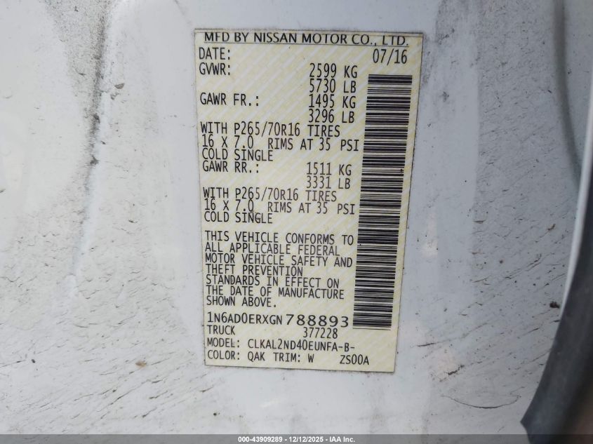 2016 Nissan Frontier Sv VIN: 1N6AD0ERXGN788893 Lot: 43909289