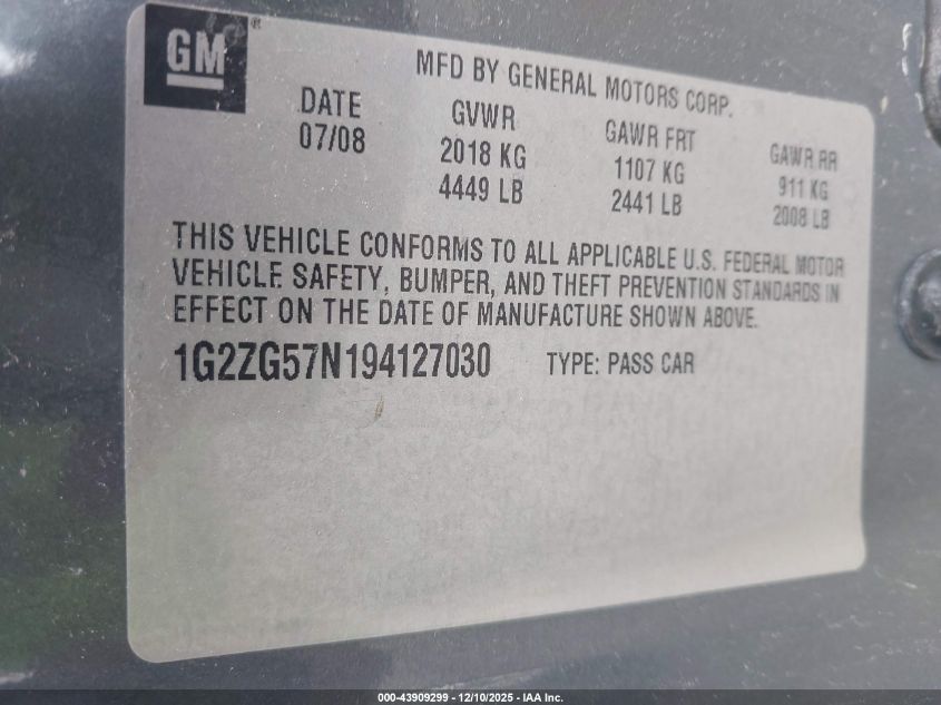 2009 Pontiac G6 VIN: 1G2ZG57N194127030 Lot: 43909299