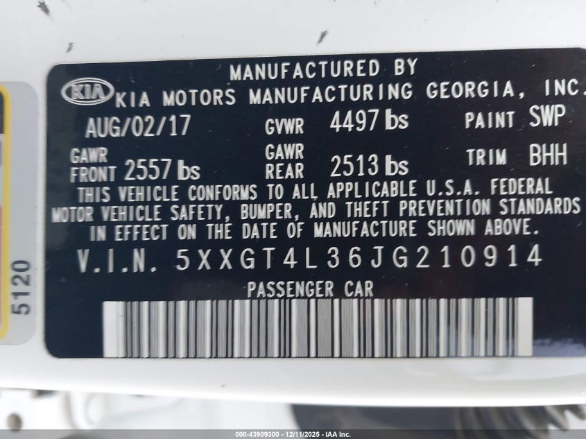 2018 Kia Optima Lx VIN: 5XXGT4L36JG210914 Lot: 43909300