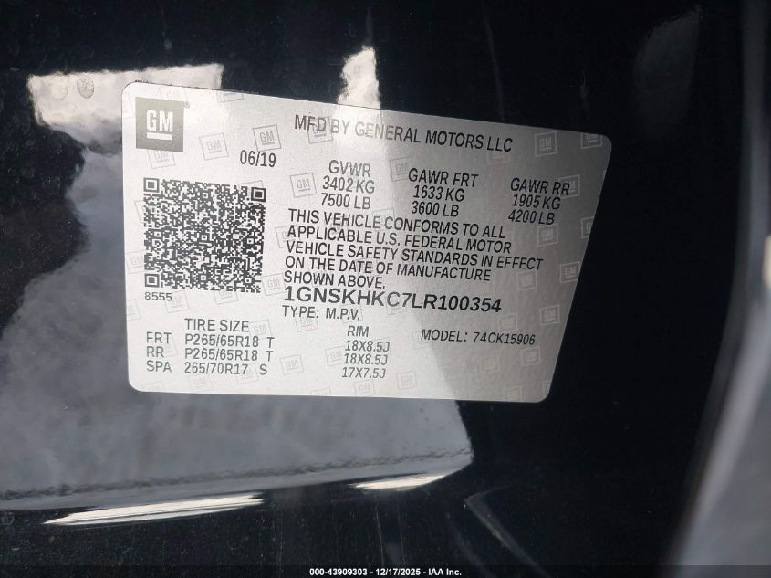 2020 Chevrolet Suburban 4Wd Lt VIN: 1GNSKHKC7LR100354 Lot: 43909303