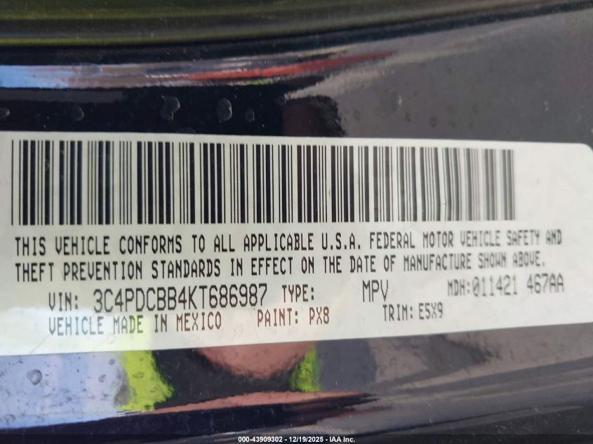2019 Dodge Journey Se VIN: 3C4PDCBB4KT686987 Lot: 43909302