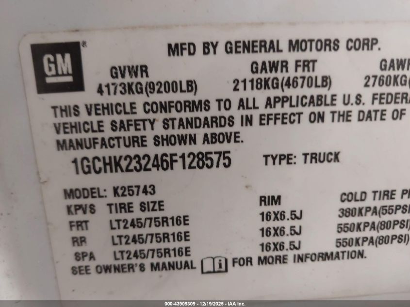 2006 Chevrolet Silverado 2500Hd Lt1 VIN: 1GCHK23246F128575 Lot: 43909309