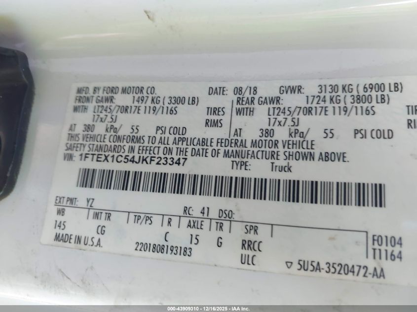 2018 Ford F-150 Xl VIN: 1FTEX1C54JKF23347 Lot: 43909310