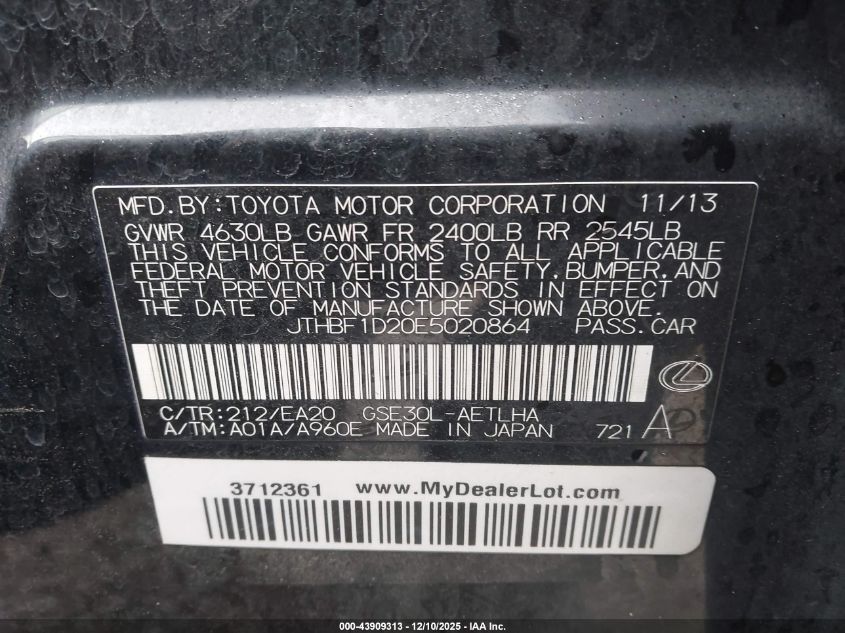 2014 Lexus Is 250 VIN: JTHBF1D20E5020864 Lot: 43909313