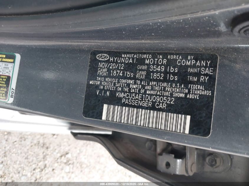 2013 Hyundai Accent Se VIN: KMHCU5AE1DU090522 Lot: 43909320