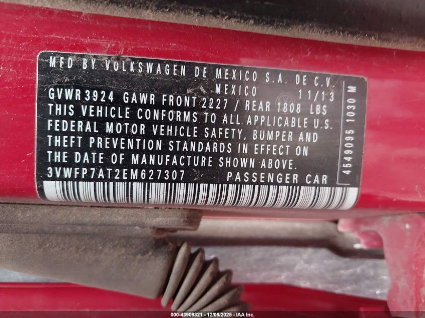 2014 Volkswagen Beetle 2.5L Entry VIN: 3VWFP7AT2EM627307 Lot: 43909321
