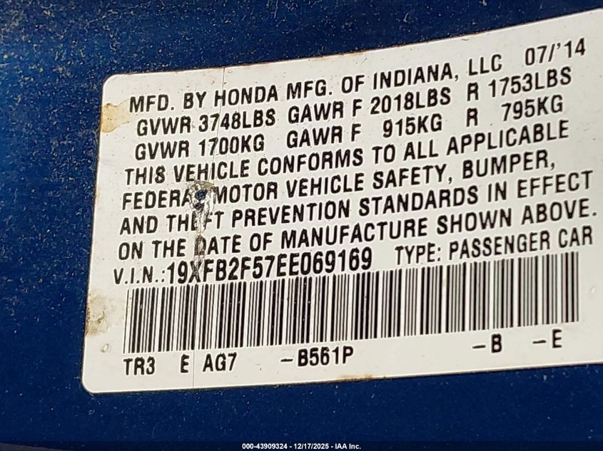 2014 Honda Civic Lx VIN: 19XFB2F57EE069169 Lot: 43909324