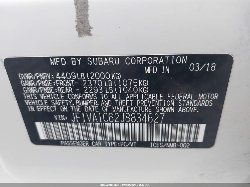 2018 Subaru Wrx Premium VIN: JF1VA1C62J8834627 Lot: 43909330