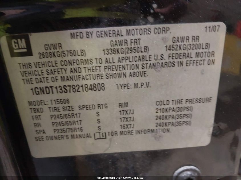 2008 Chevrolet Trailblazer Lt VIN: 1GNDT13S782184808 Lot: 43909343