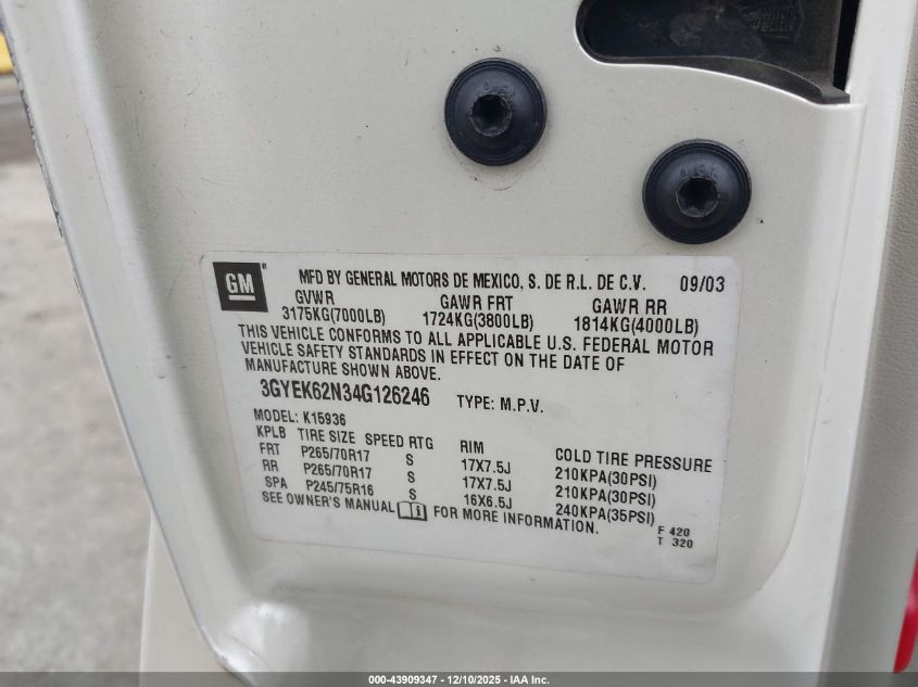 2004 Cadillac Escalade Ext Standard VIN: 3GYEK62N34G126246 Lot: 43909347