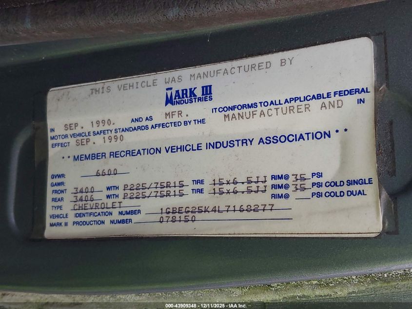 1990 Chevrolet G20 VIN: 1GBEG25K4L7168277 Lot: 43909348