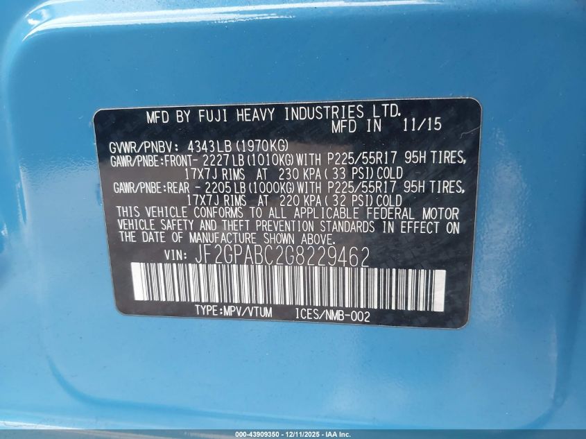 2016 Subaru Crosstrek 2.0I Premium VIN: JF2GPABC2G8229462 Lot: 43909350