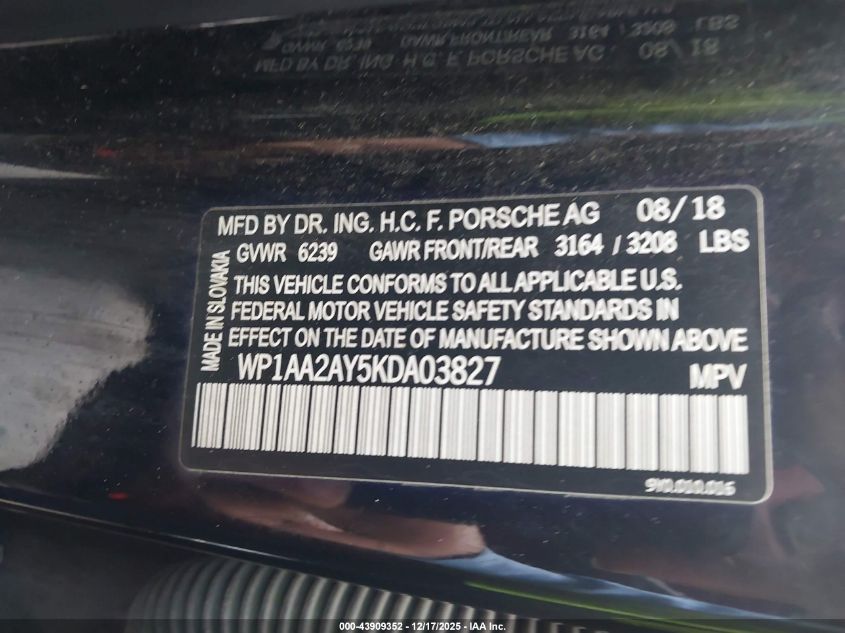 2019 Porsche Cayenne VIN: WP1AA2AY5KDA03827 Lot: 43909352