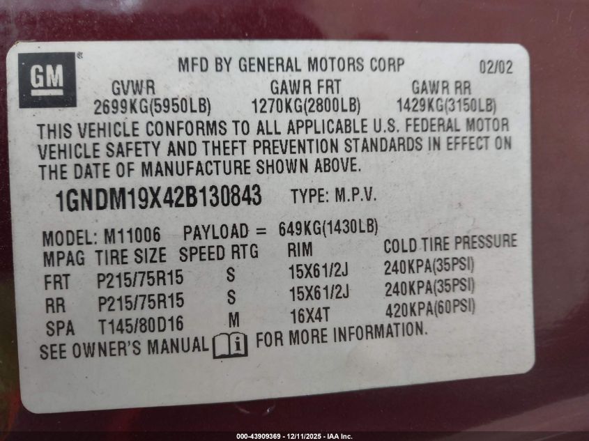 2002 Chevrolet Astro Ls VIN: 1GNDM19X42B130843 Lot: 43909369