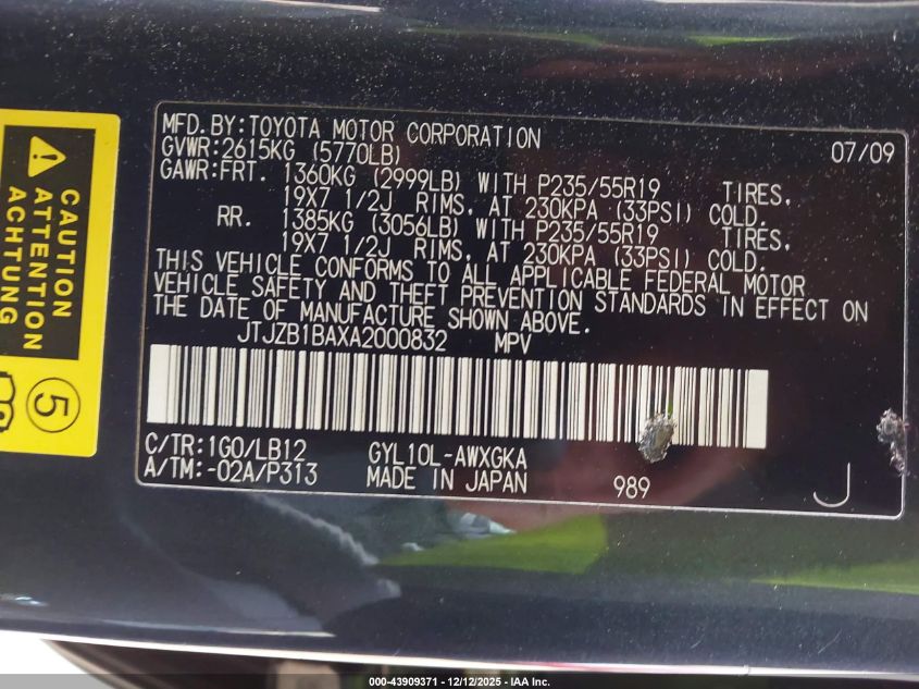 2010 Lexus Rx 450H VIN: JTJZB1BAXA2000832 Lot: 43909371