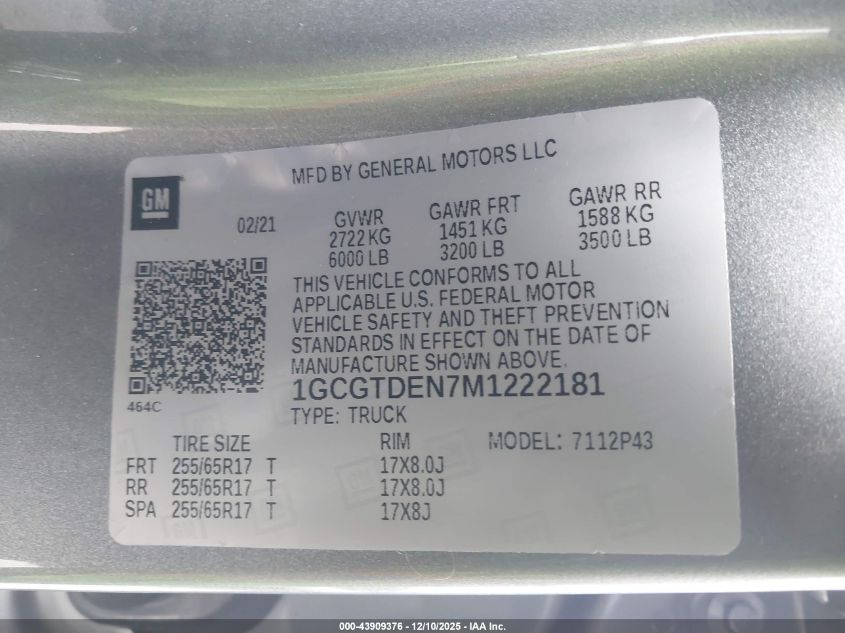 2021 Chevrolet Colorado 4Wd Short Box Z71 VIN: 1GCGTDEN7M1222181 Lot: 43909376