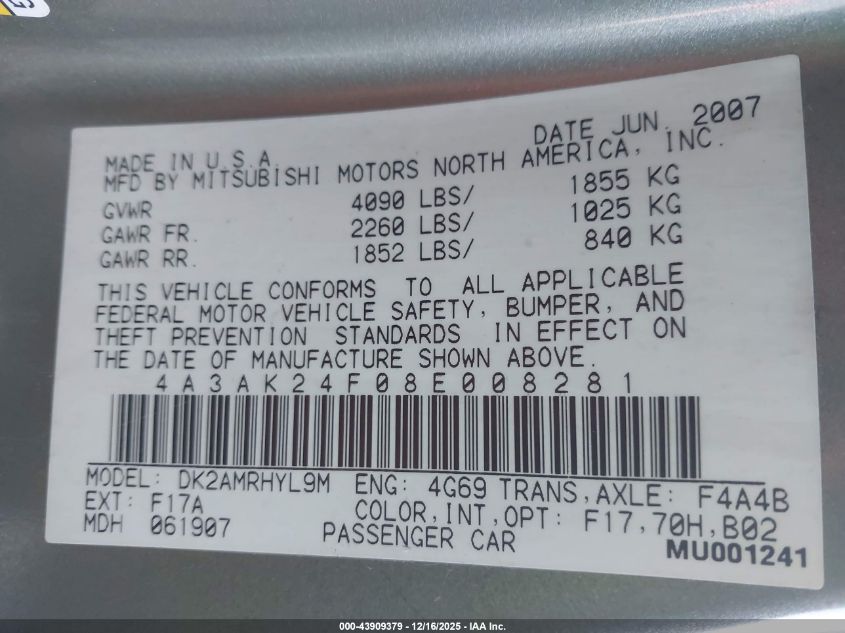 2008 Mitsubishi Eclipse Gs VIN: 4A3AK24F08E008281 Lot: 43909379