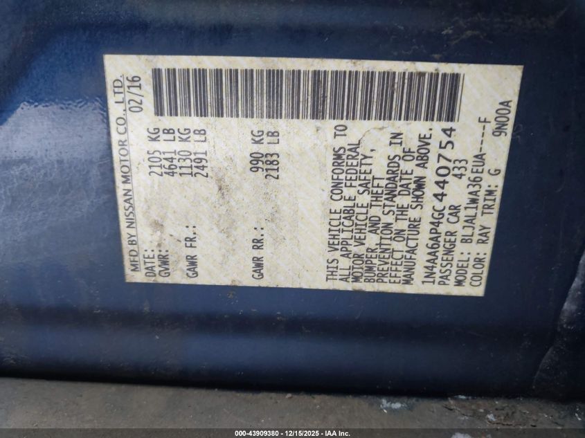 2016 Nissan Maxima 3.5 Sr VIN: 1N4AA6AP4GC440754 Lot: 43909380