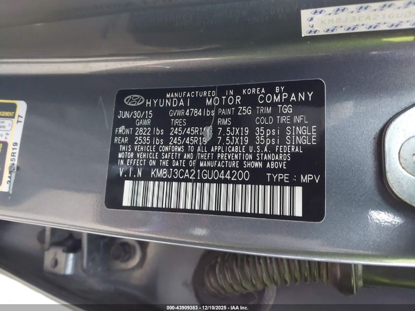 2016 Hyundai Tucson Sport VIN: KM8J3CA21GU044200 Lot: 43909383