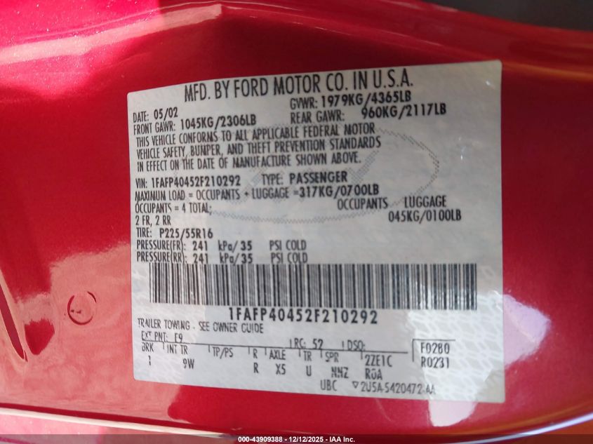 2002 Ford Mustang VIN: 1FAFP40452F210292 Lot: 43909388