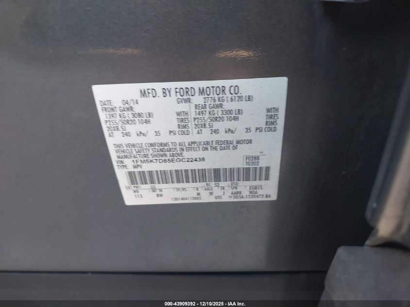 2014 Ford Explorer Xlt VIN: 1FM5K7D85EGC22438 Lot: 43909392