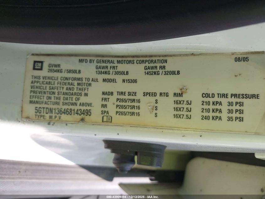 2006 Hummer H3 Suv VIN: 5GTDN136468143495 Lot: 43909394