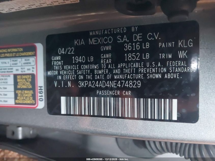 2022 Kia Rio S VIN: 3KPA24AD4NE474829 Lot: 43909395