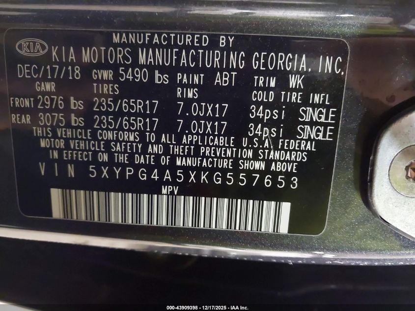 2019 Kia Sorento 3.3L Lx VIN: 5XYPG4A5XKG557653 Lot: 43909398