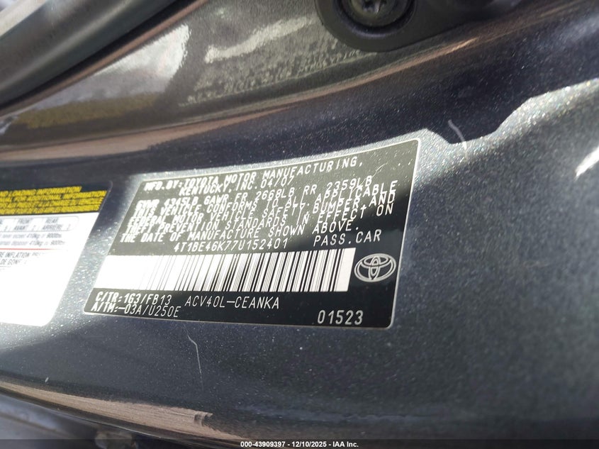4T1BE46K77U152401 2007 TOYOTA CAMRY photo no. 9