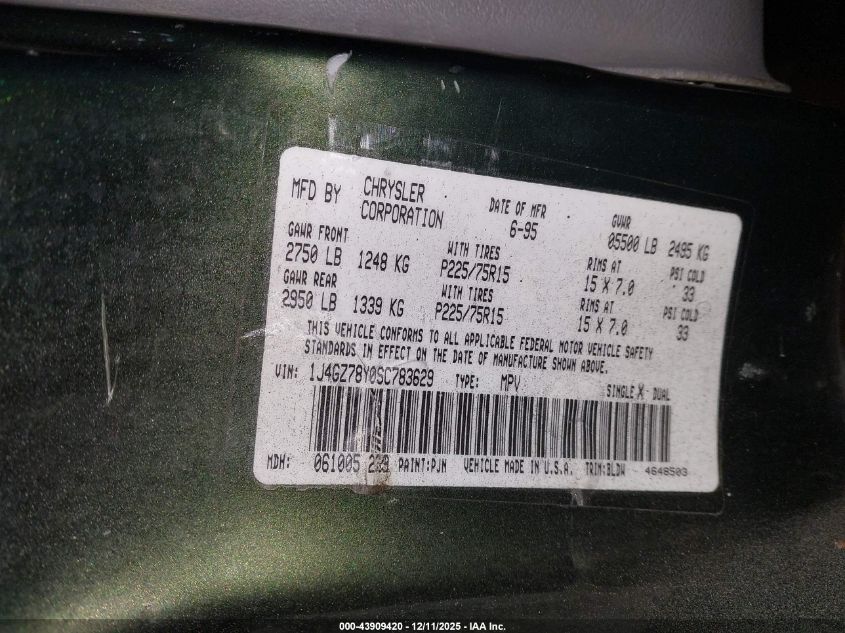 1995 Jeep Grand Cherokee Limited/Orvis VIN: 1J4GZ78Y0SC783629 Lot: 43909420