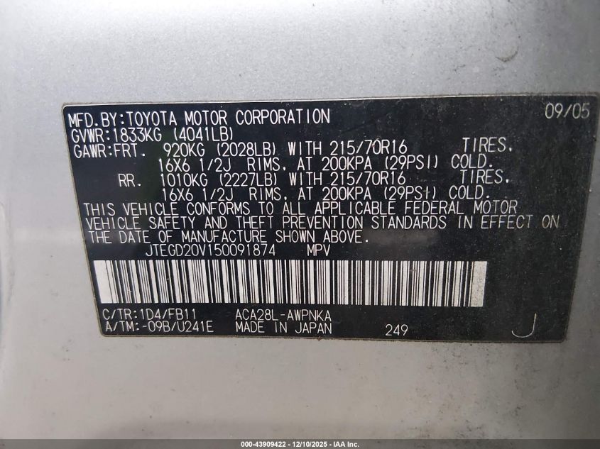 2005 Toyota Rav4 VIN: JTEGD20V150091874 Lot: 43909422