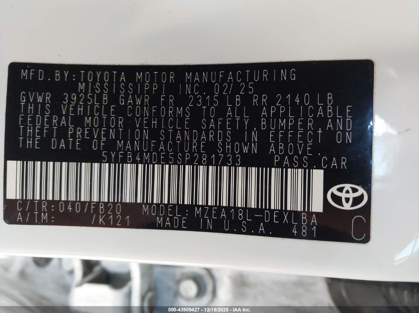 2025 Toyota Corolla Le VIN: 5YFB4MDE5SP281733 Lot: 43909427