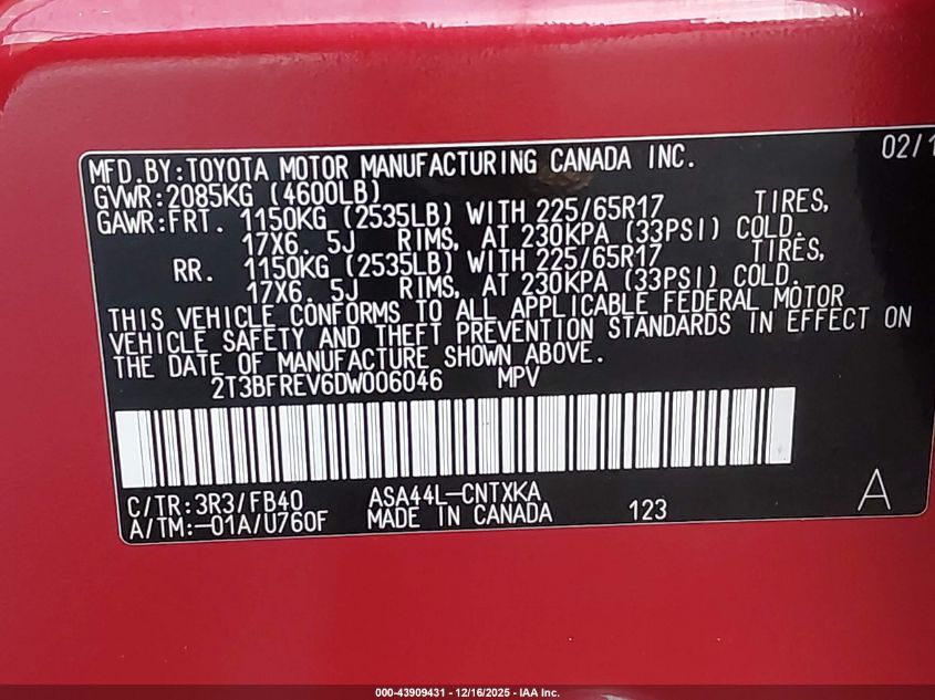 2013 Toyota Rav4 Le VIN: 2T3BFREV6DW006046 Lot: 43909431